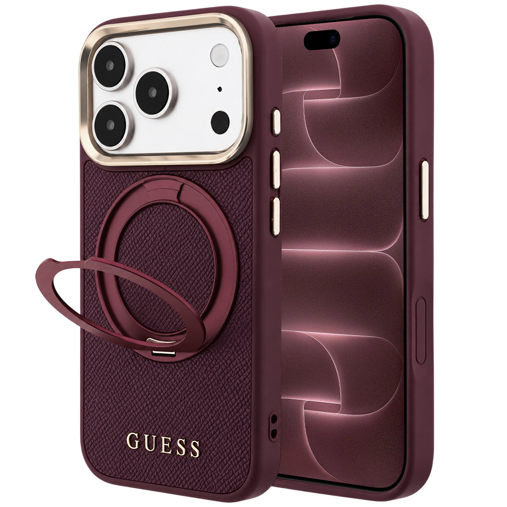 Ovitek MagSafe za Apple iPhone 18 Pro Max / 17 Pro Max, Guess, Grained Ring Stand 360 Classic, Vijolično rdeča