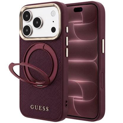 Ovitek MagSafe za Apple iPhone 18 Pro Max / 17 Pro Max, Guess, Grained Ring Stand 360 Classic, Vijolično rdeča