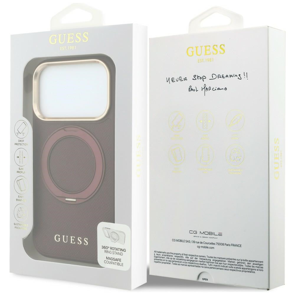 Ovitek MagSafe za Apple iPhone 18 Pro Max / 17 Pro Max, Guess, Grained Ring Stand 360 Classic, Vijolično rdeča