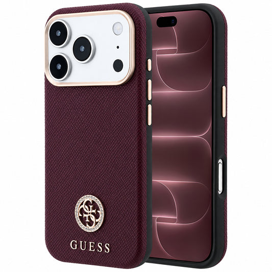Ovitek MagSafe za Apple iPhone 18 Pro Max / 17 Pro Max, Guess, zrnast okrogel logotip s kristali, bordo