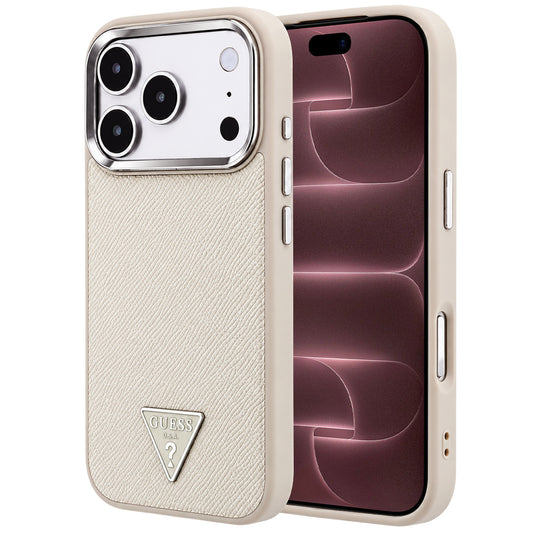 Ovitek MagSafe za Apple iPhone 18 Pro Max / 17 Pro Max, Guess, zrnati trikotni logotip, bež