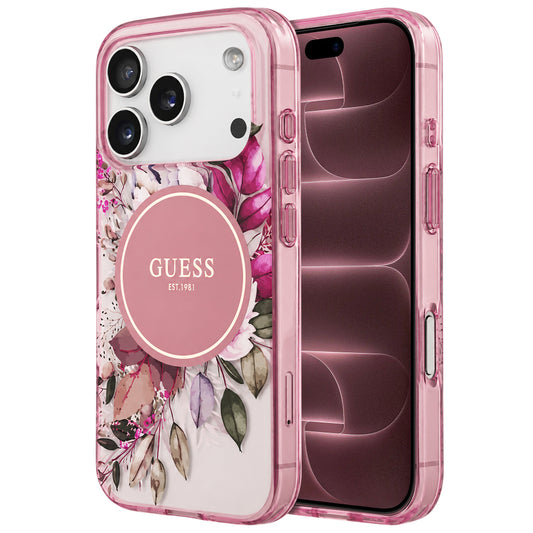 Ovitek MagSafe za Apple iPhone 18 Pro Max / 17 Pro Max, Guess, IML Flower & Tonal Circle, rožnat