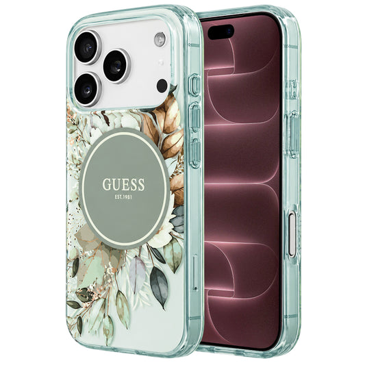 MagSafe ovitek za Apple iPhone 18 Pro Max / 17 Pro Max, Guess, IML Flower & Tonal Circle, zelen
