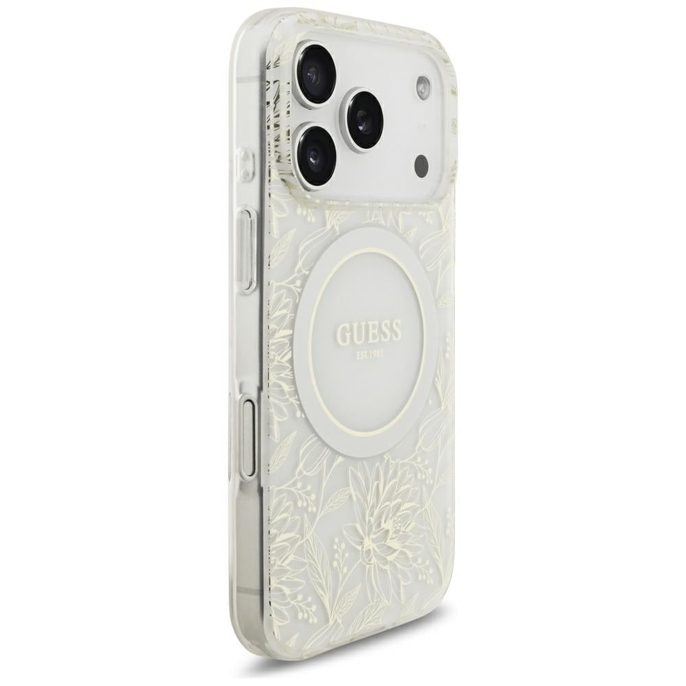 MagSafe ovitek za Apple iPhone 18 Pro Max / 17 Pro Max, Guess, IML cvetovi z elektroprevleko in bisernim trakom, bela