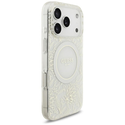 MagSafe ovitek za Apple iPhone 18 Pro Max / 17 Pro Max, Guess, IML cvetovi z elektroprevleko in bisernim trakom, bela