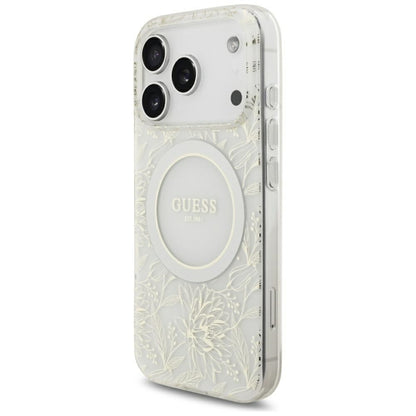 MagSafe ovitek za Apple iPhone 18 Pro Max / 17 Pro Max, Guess, IML cvetovi z elektroprevleko in bisernim trakom, bela