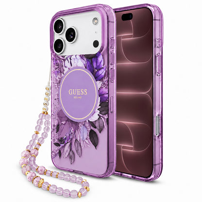 MagSafe ovitek za Apple iPhone 18 Pro Max / 17 Pro Max, Guess, IML Flowers with Pearl Strap, vijoličen