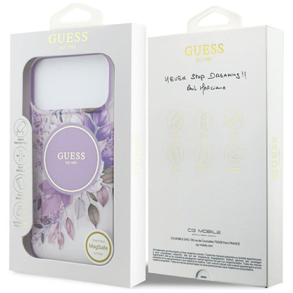 MagSafe ovitek za Apple iPhone 18 Pro Max / 17 Pro Max, Guess, IML Flowers with Pearl Strap, vijoličen