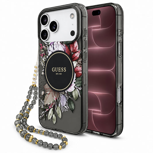 MagSafe ovitek za Apple iPhone 18 Pro Max / 17 Pro Max, Guess, IML Flowers with Pearl Strap, črn