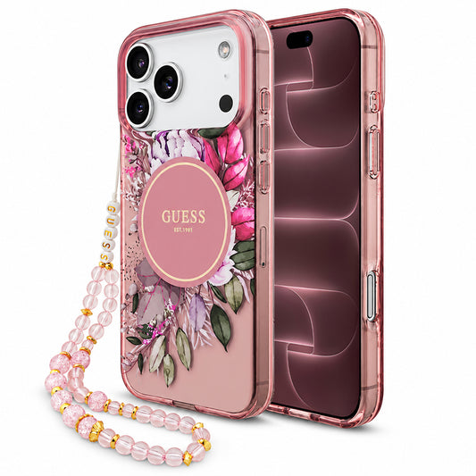 MagSafe ovitek za Apple iPhone 18 Pro Max / 17 Pro Max, Guess, IML Flowers with Pearl Strap, roza
