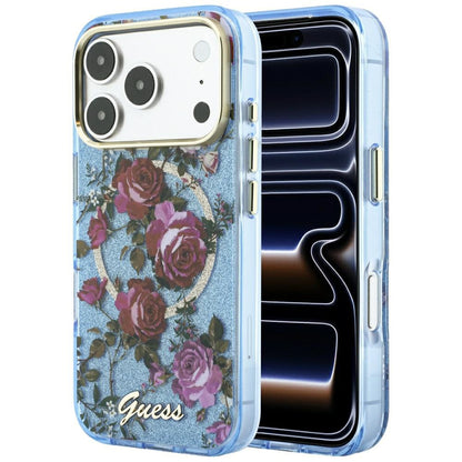MagSafe ovitek za Apple iPhone 18 Pro Max / 17 Pro Max, Guess, IML Glitter Blossom Roses, Bleu