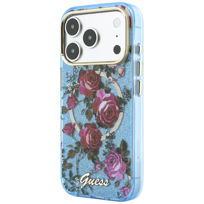 MagSafe ovitek za Apple iPhone 18 Pro Max / 17 Pro Max, Guess, IML Glitter Blossom Roses, Bleu