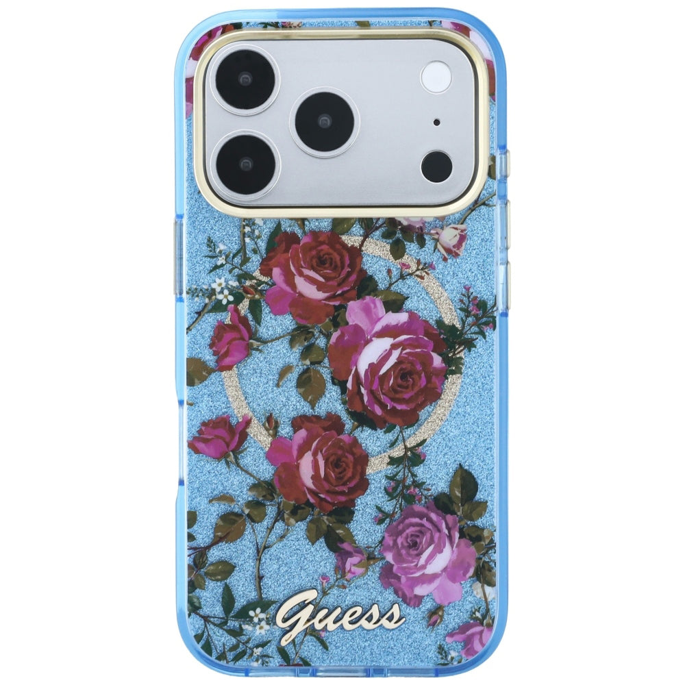 MagSafe ovitek za Apple iPhone 18 Pro Max / 17 Pro Max, Guess, IML Glitter Blossom Roses, Bleu