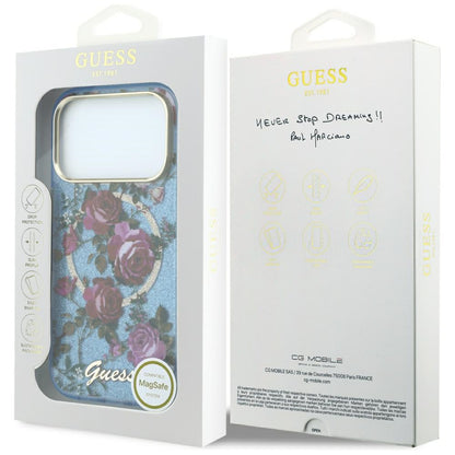 MagSafe ovitek za Apple iPhone 18 Pro Max / 17 Pro Max, Guess, IML Glitter Blossom Roses, Bleu