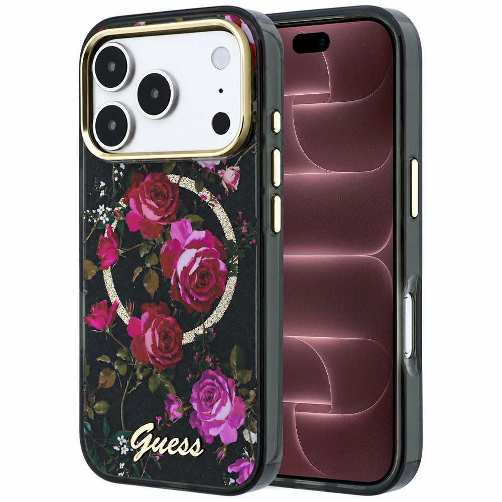 MagSafe ovitek za Apple iPhone 18 Pro Max / 17 Pro Max, Guess, IML Glitter Blossom Roses, črn