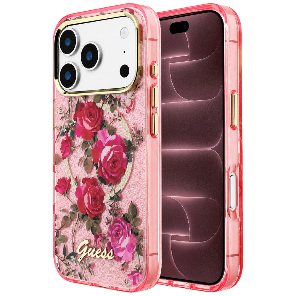 MagSafe ovitek za Apple iPhone 18 Pro Max / 17 Pro Max, Guess, IML Glitter Blossom Roses, rožnat