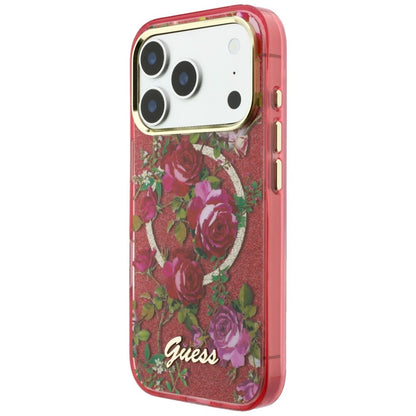 MagSafe ovitek za Apple iPhone 18 Pro Max / 17 Pro Max, Guess, IML Bleščeče cvetlice vrtnic, Vijoličen