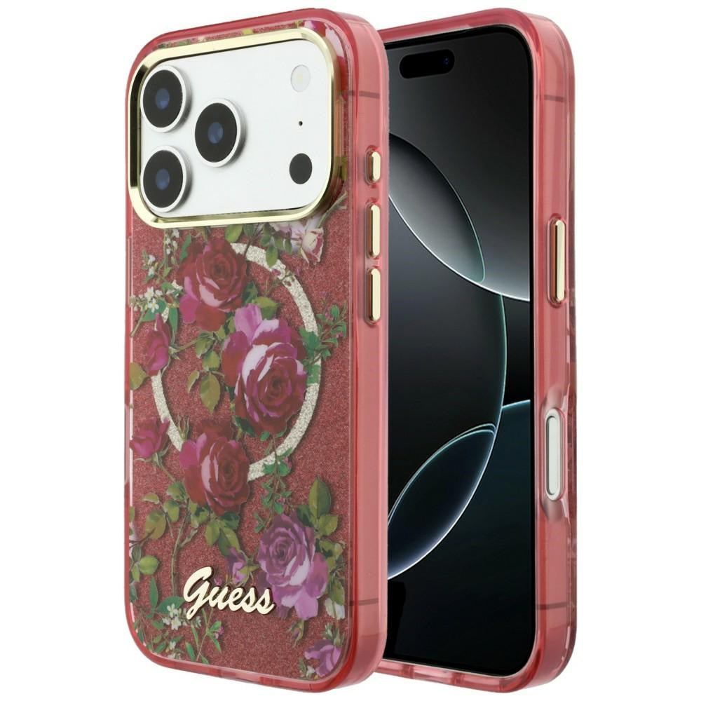 MagSafe ovitek za Apple iPhone 18 Pro Max / 17 Pro Max, Guess, IML Bleščeče cvetlice vrtnic, Vijoličen