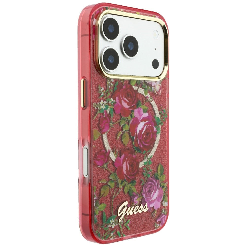 MagSafe ovitek za Apple iPhone 18 Pro Max / 17 Pro Max, Guess, IML Bleščeče cvetlice vrtnic, Vijoličen