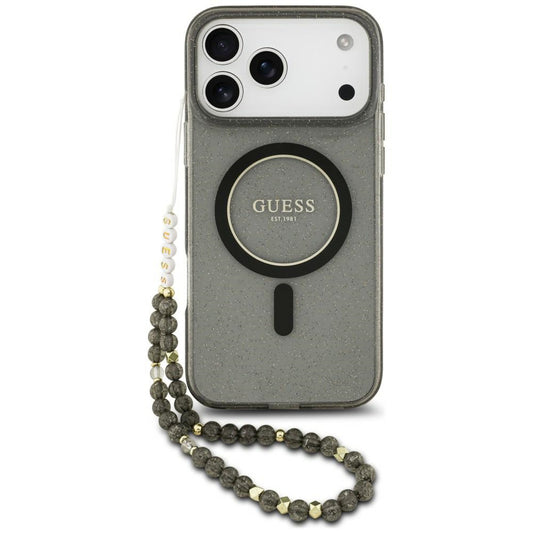 MagSafe ovitek za Apple iPhone 18 Pro Max / 17 Pro Max, Guess, IML Glitter with Pearl Strap, črn