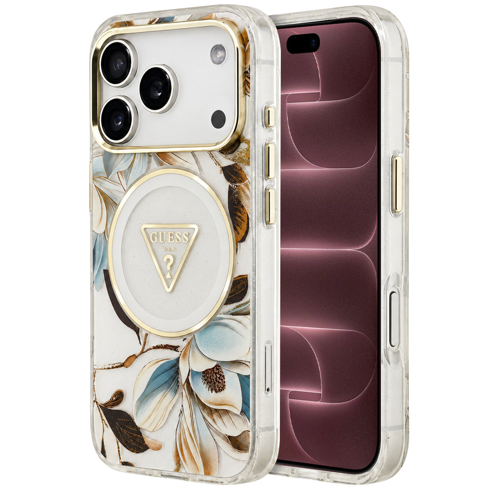 MagSafe ovitek za Apple iPhone 18 Pro Max / 17 Pro Max, Guess, IML Metal Glitter Flowers Triangle, bela