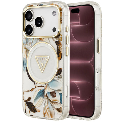 MagSafe ovitek za Apple iPhone 18 Pro Max / 17 Pro Max, Guess, IML Metal Glitter Flowers Triangle, bela