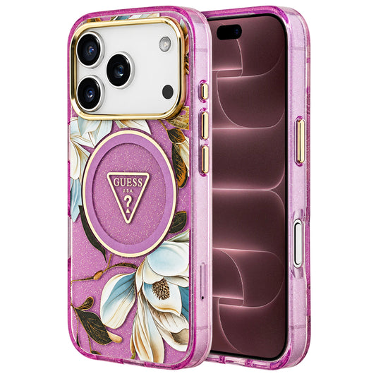 MagSafe ovitek za Apple iPhone 18 Pro Max / 17 Pro Max, Guess, IML Metal Glitter Flowers Triangle, vijoličen