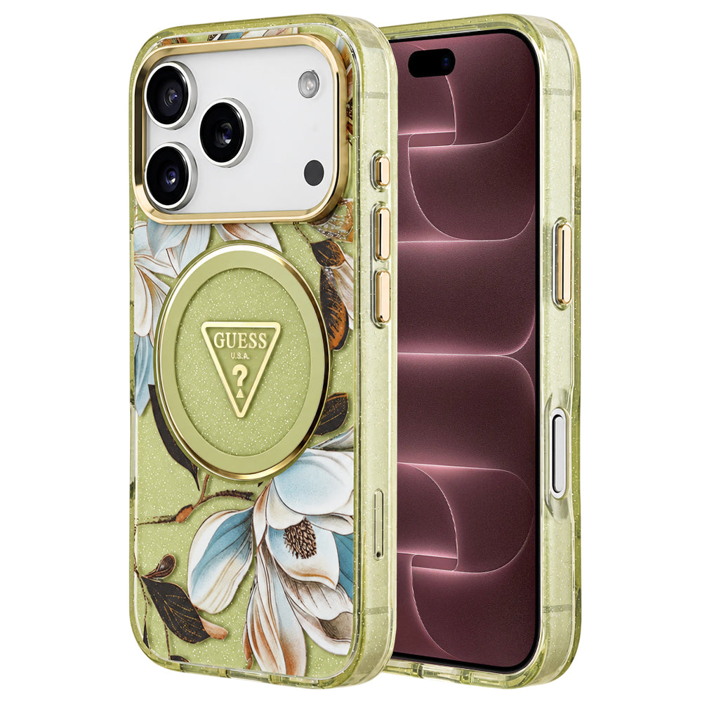 MagSafe ovitek za Apple iPhone 18 Pro Max / 17 Pro Max, Guess, IML Metal Glitter Flowers Triangle, zelenega barvnega odtenka