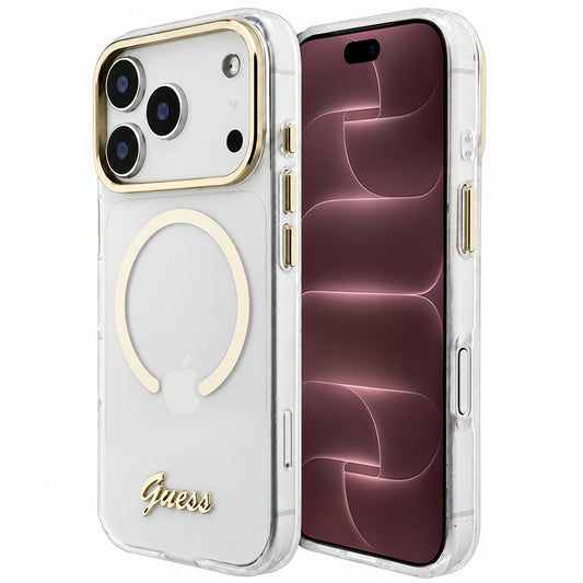 MagSafe ovitek za Apple iPhone 18 Pro Max / 17 Pro Max, Guess, IML Script Metal, prozoren