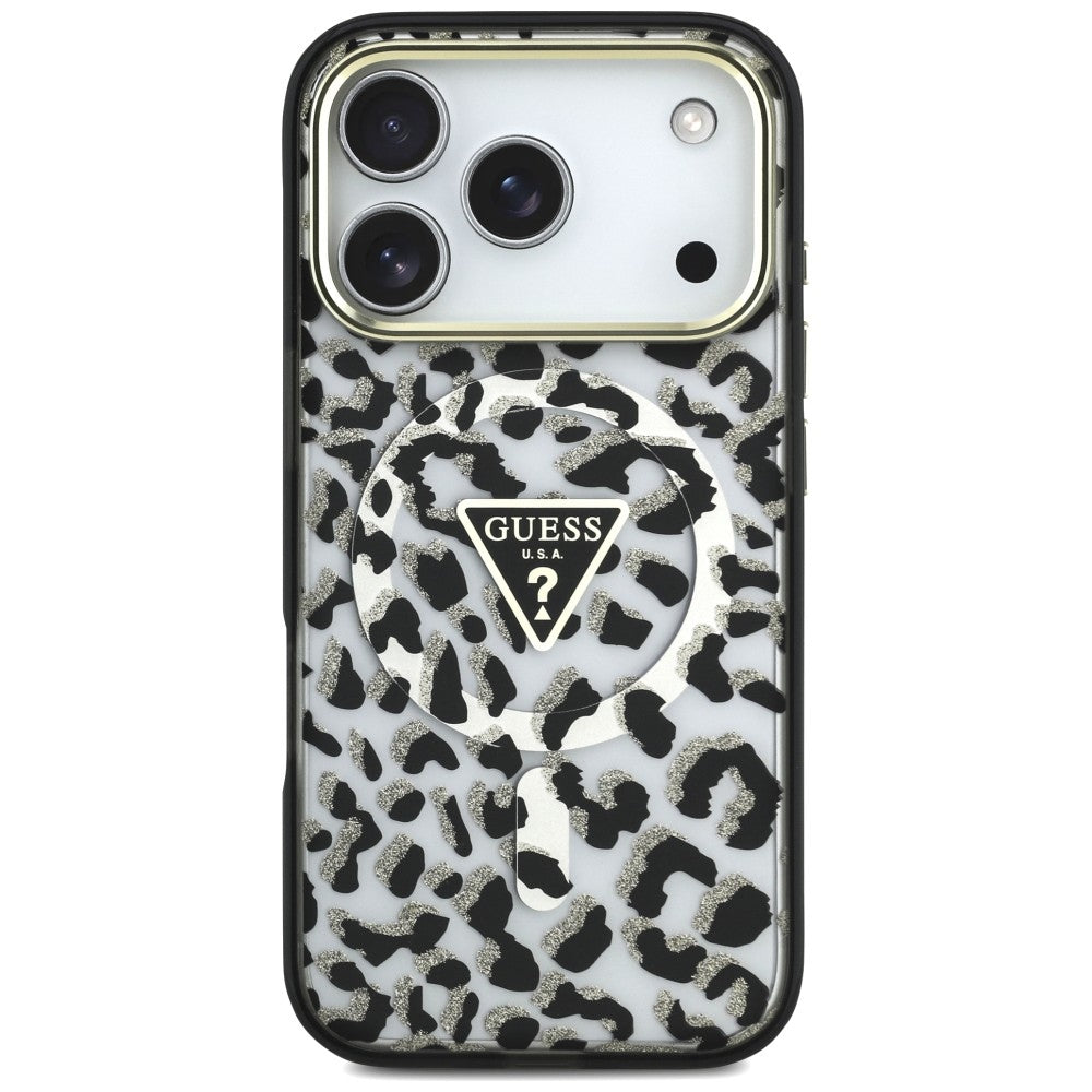 Ovitek MagSafe za Apple iPhone 18 Pro Max / 17 Pro Max, Guess, Leopard Glitter Triangle Logo, Črn
