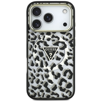 Ovitek MagSafe za Apple iPhone 18 Pro Max / 17 Pro Max, Guess, Leopard Glitter Triangle Logo, Črn