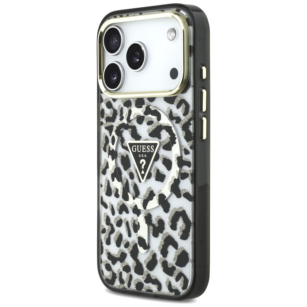 Ovitek MagSafe za Apple iPhone 18 Pro Max / 17 Pro Max, Guess, Leopard Glitter Triangle Logo, Črn