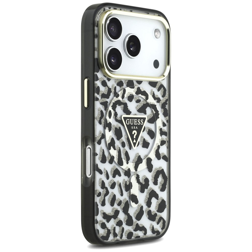Ovitek MagSafe za Apple iPhone 18 Pro Max / 17 Pro Max, Guess, Leopard Glitter Triangle Logo, Črn