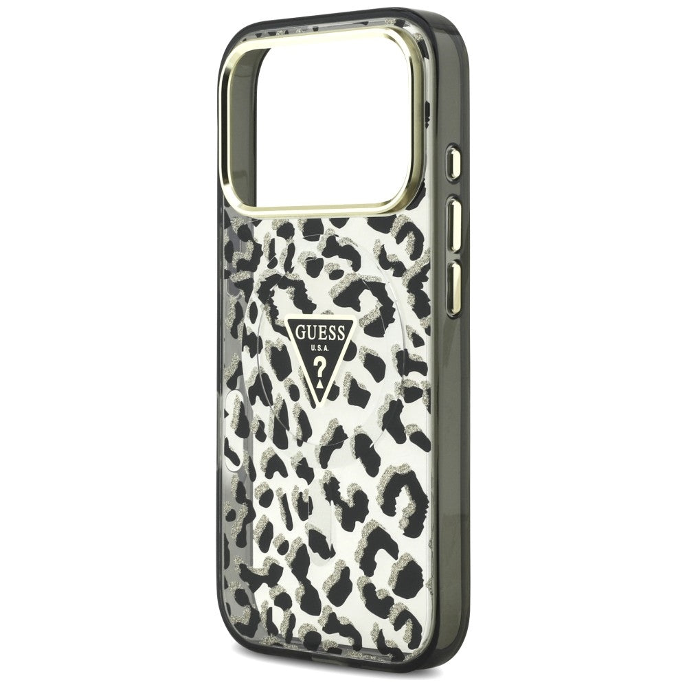 Ovitek MagSafe za Apple iPhone 18 Pro Max / 17 Pro Max, Guess, Leopard Glitter Triangle Logo, Črn