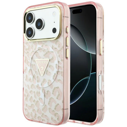 Ovitek MagSafe za Apple iPhone 18 Pro Max / 17 Pro Max, Guess, Leopard Glitter Triangle Logo, Roza