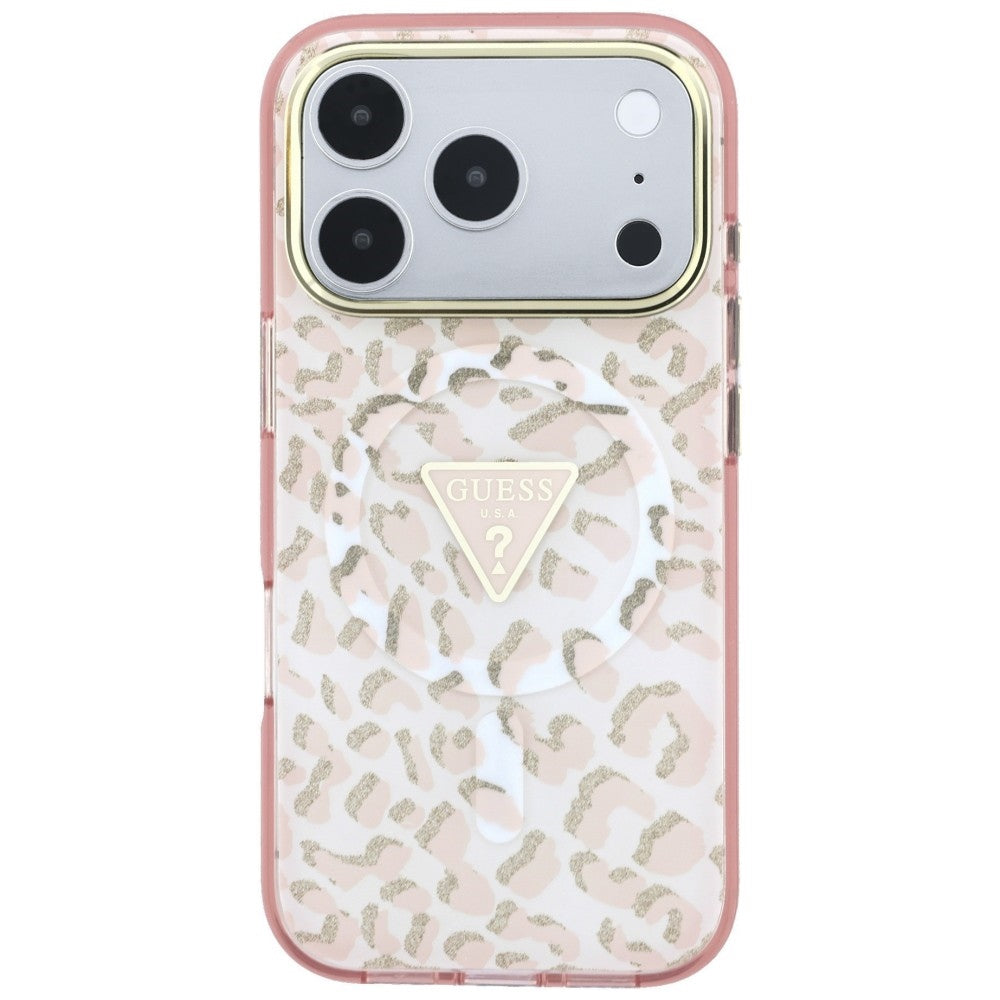 Ovitek MagSafe za Apple iPhone 18 Pro Max / 17 Pro Max, Guess, Leopard Glitter Triangle Logo, Roza
