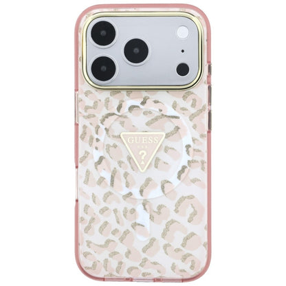 Ovitek MagSafe za Apple iPhone 18 Pro Max / 17 Pro Max, Guess, Leopard Glitter Triangle Logo, Roza