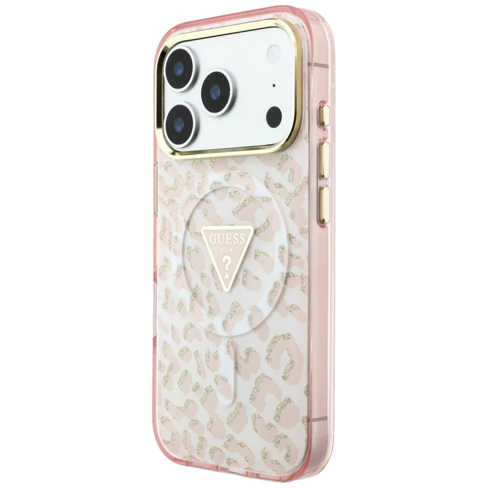 Ovitek MagSafe za Apple iPhone 18 Pro Max / 17 Pro Max, Guess, Leopard Glitter Triangle Logo, Roza