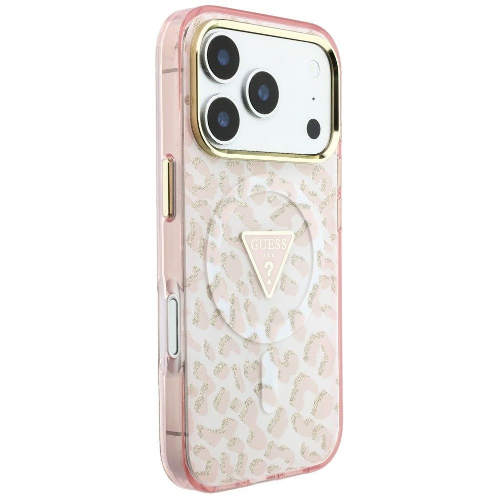 Ovitek MagSafe za Apple iPhone 18 Pro Max / 17 Pro Max, Guess, Leopard Glitter Triangle Logo, Roza