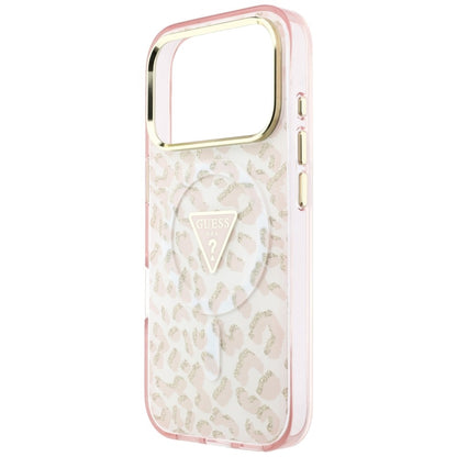 Ovitek MagSafe za Apple iPhone 18 Pro Max / 17 Pro Max, Guess, Leopard Glitter Triangle Logo, Roza