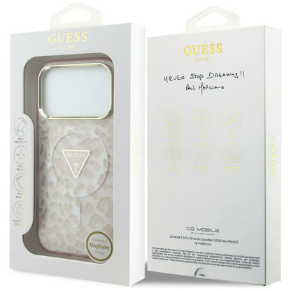 Ovitek MagSafe za Apple iPhone 18 Pro Max / 17 Pro Max, Guess, Leopard Glitter Triangle Logo, Roza