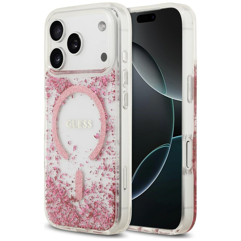 Ovitek MagSafe za Apple iPhone 18 Pro Max / 17 Pro Max, Guess, smolnat spodnji del z bleščicami, roza