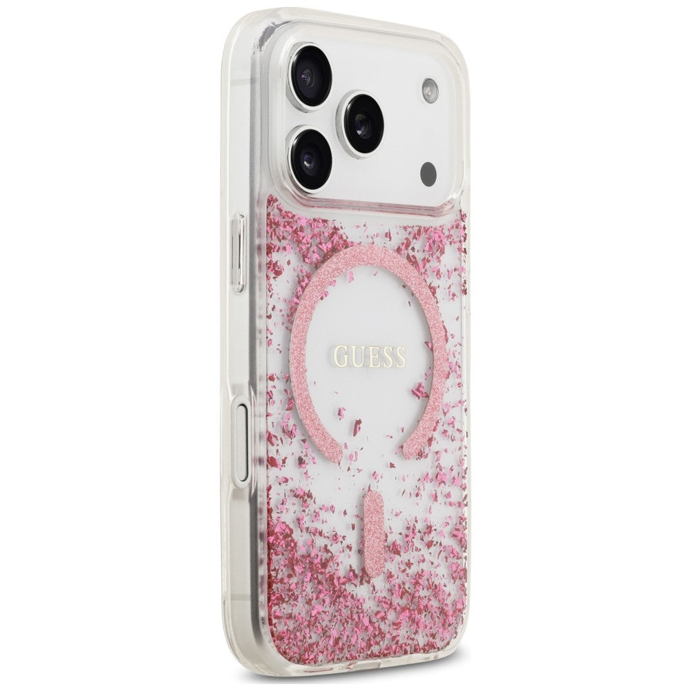 Ovitek MagSafe za Apple iPhone 18 Pro Max / 17 Pro Max, Guess, smolnat spodnji del z bleščicami, roza