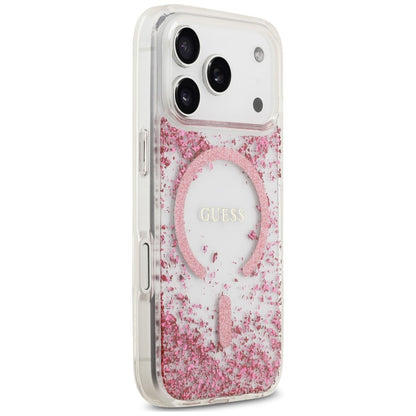 Ovitek MagSafe za Apple iPhone 18 Pro Max / 17 Pro Max, Guess, smolnat spodnji del z bleščicami, roza
