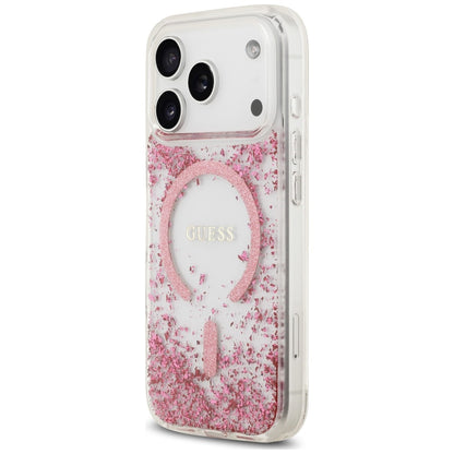 Ovitek MagSafe za Apple iPhone 18 Pro Max / 17 Pro Max, Guess, smolnat spodnji del z bleščicami, roza