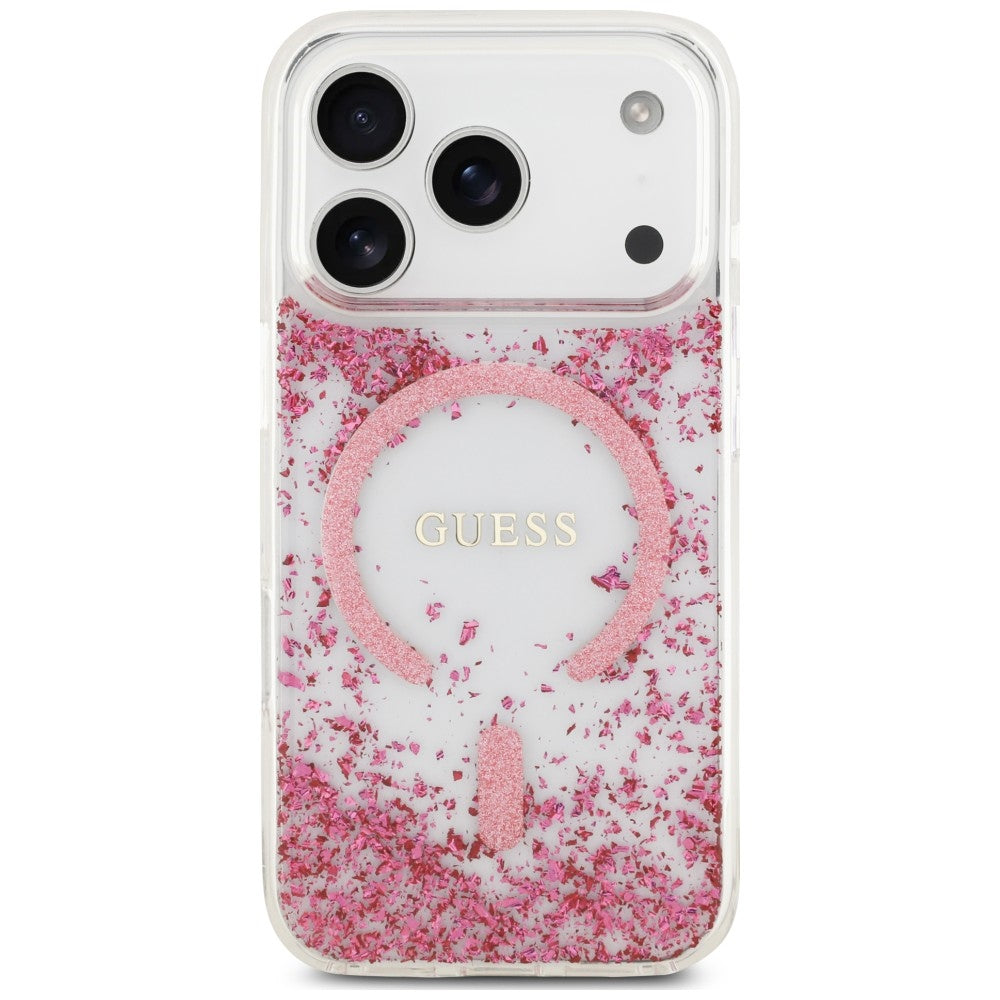 Ovitek MagSafe za Apple iPhone 18 Pro Max / 17 Pro Max, Guess, smolnat spodnji del z bleščicami, roza