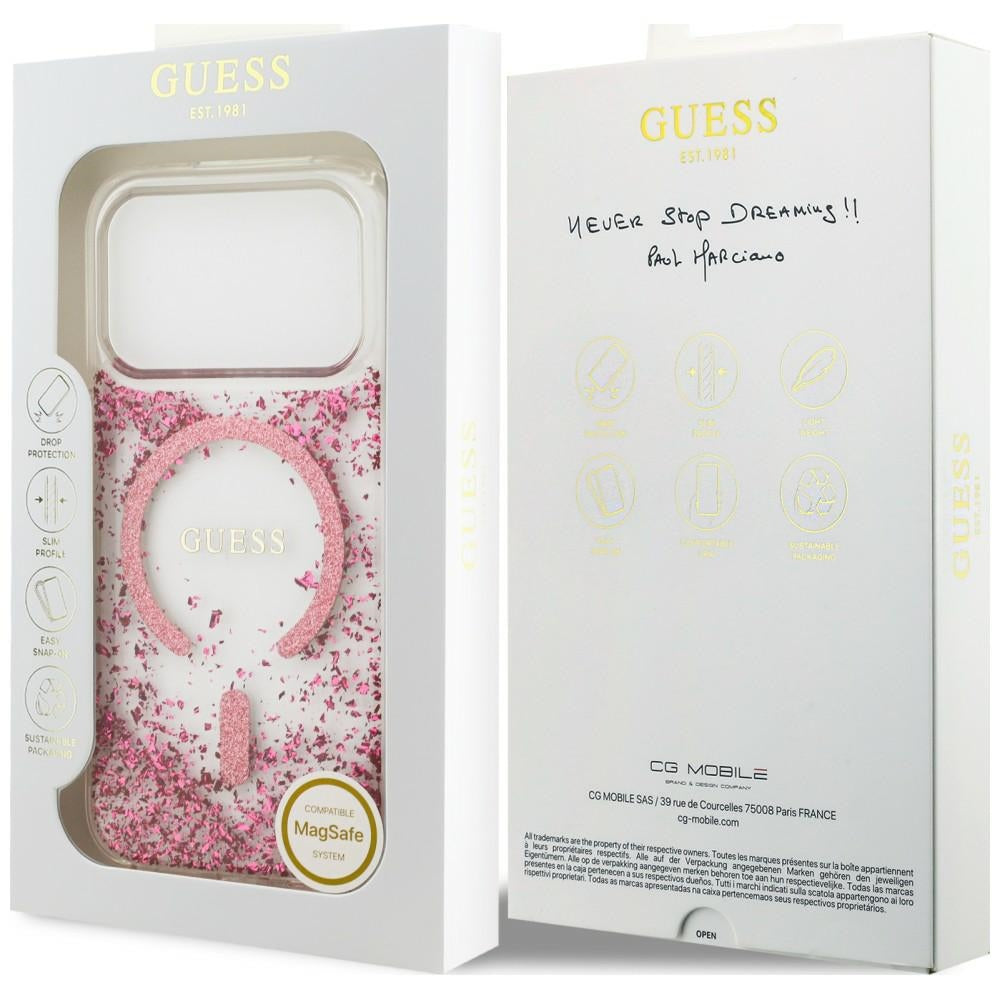 Ovitek MagSafe za Apple iPhone 18 Pro Max / 17 Pro Max, Guess, smolnat spodnji del z bleščicami, roza