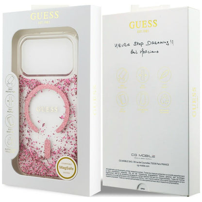 Ovitek MagSafe za Apple iPhone 18 Pro Max / 17 Pro Max, Guess, smolnat spodnji del z bleščicami, roza