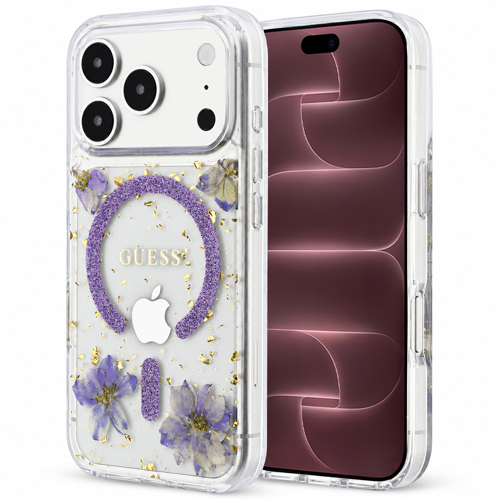 MagSafe Case for Apple iPhone 18 Pro Max / 17 Pro Max, Guess, Resin Flowers and Glitter, Purple