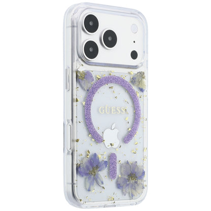 MagSafe Case for Apple iPhone 18 Pro Max / 17 Pro Max, Guess, Resin Flowers and Glitter, Purple